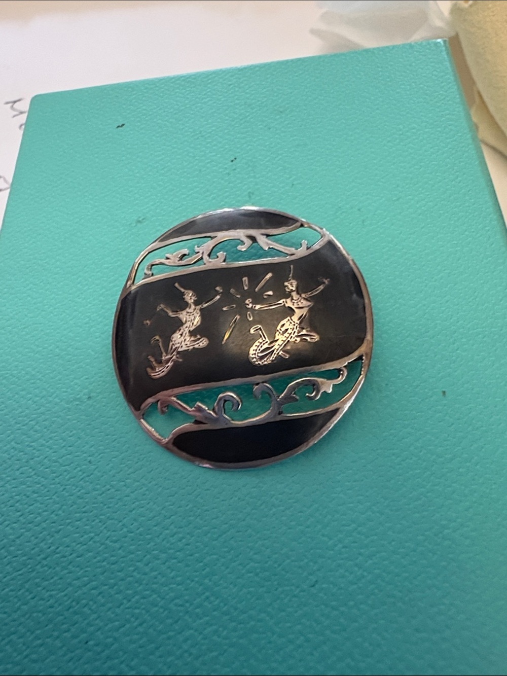 Vintage Round 925 Sterling Silver Siamese 1940s Thailand Brooch